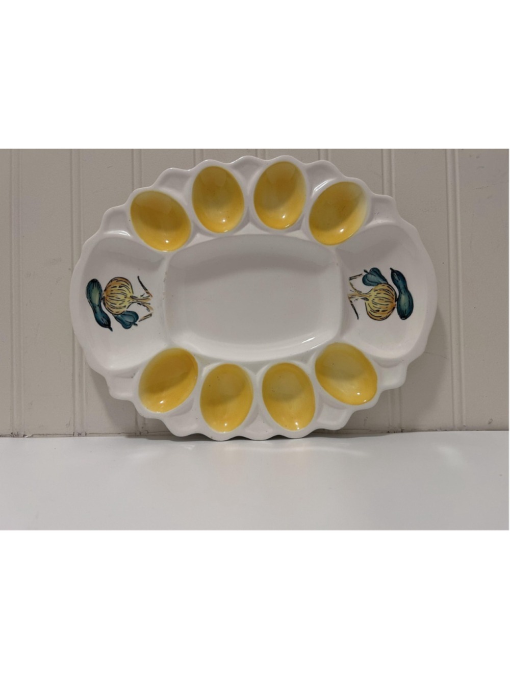 White Ceramic Egg Platter Yellow Wells Mid Century Modern Oval Farmhouse Kitchen - Picture 3 of 4